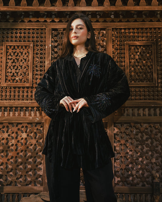 Nadya’s “Midnight Palm” Hand-Embroidered Kimono in Black