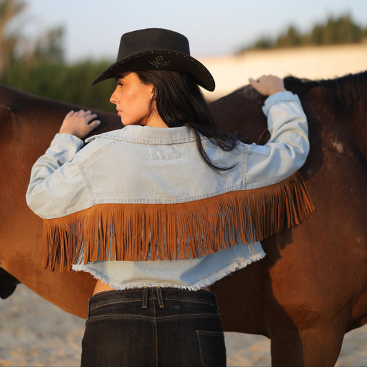 Western Cropped Jacket with Fringe in Light Denim