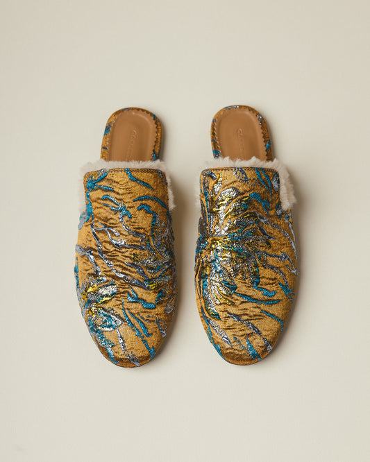 “ Electric Sunsets” Brocade Fur-Lined Flat Mules