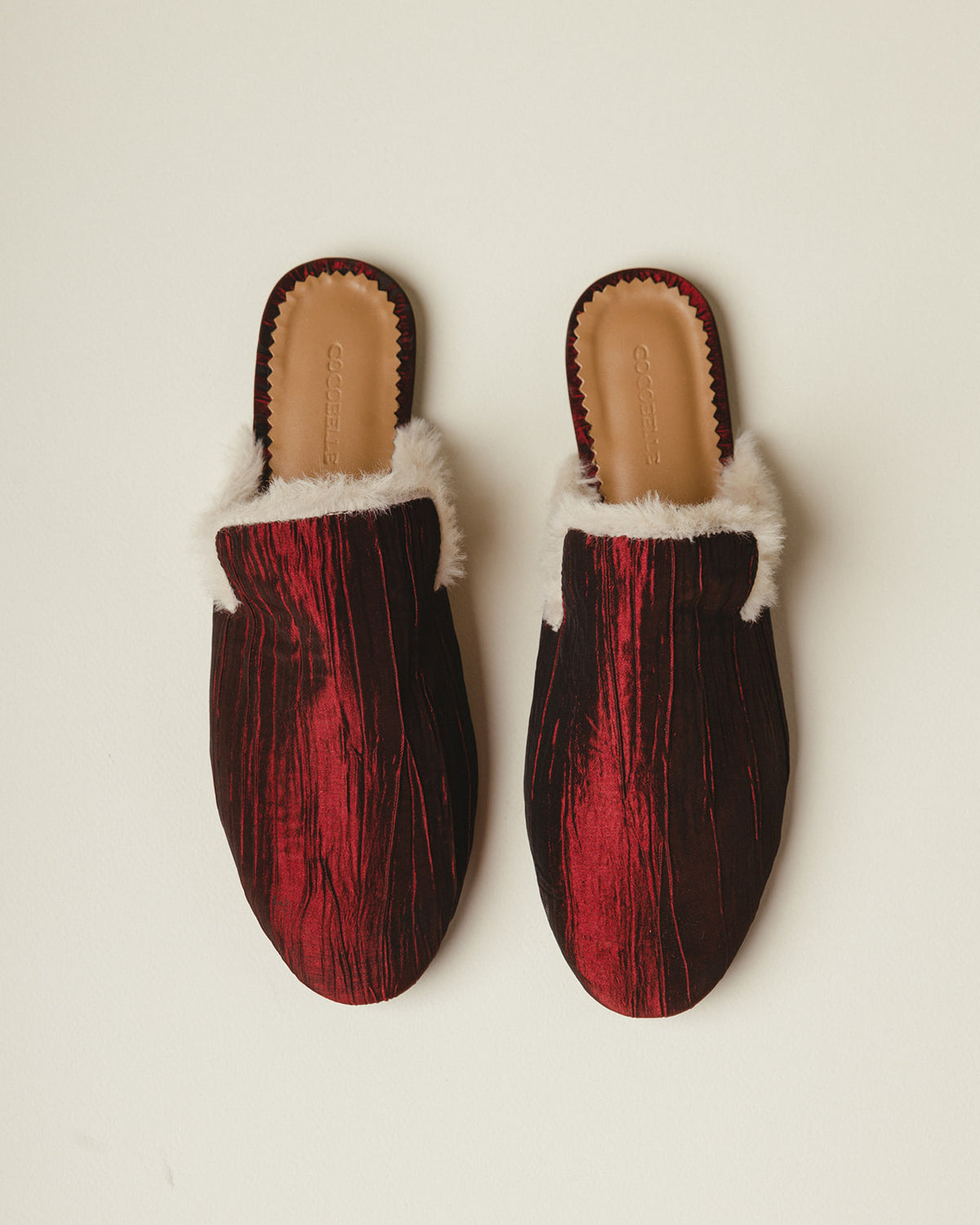 “Crimson” fur-lined Mules in French-Plisse Satin