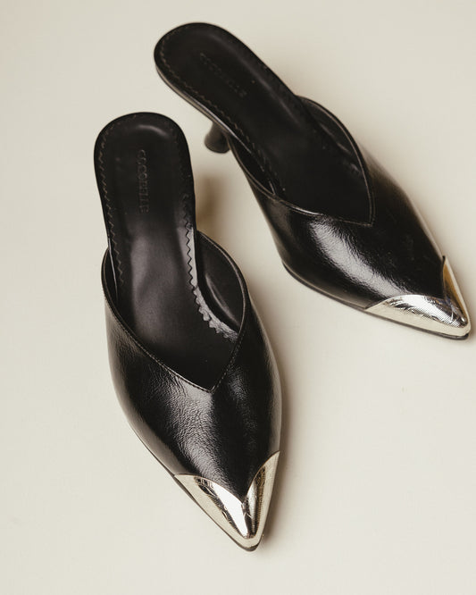Iconic Metal-Cap Kitten Heel Mules in Black