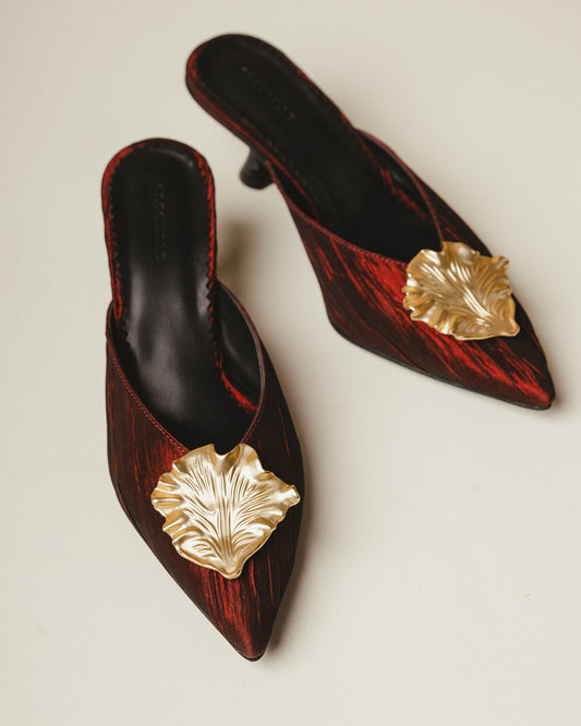 Iconic Gold-leaf Kitten Heel Mules in Crimson