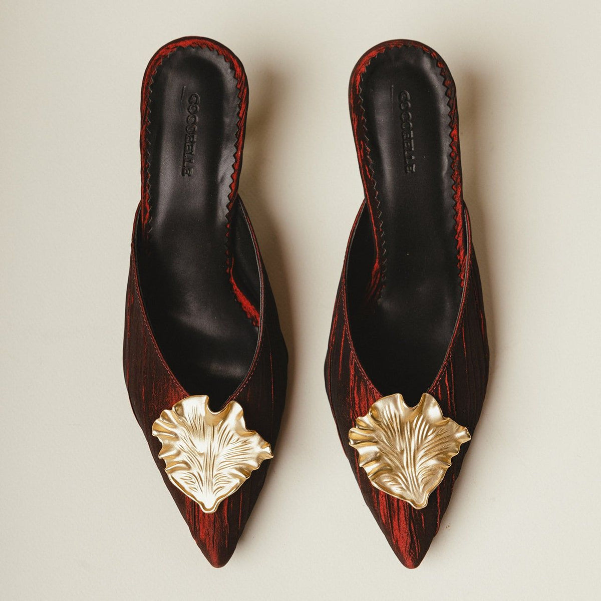 Iconic Gold-leaf Kitten Heel Mules in Crimson