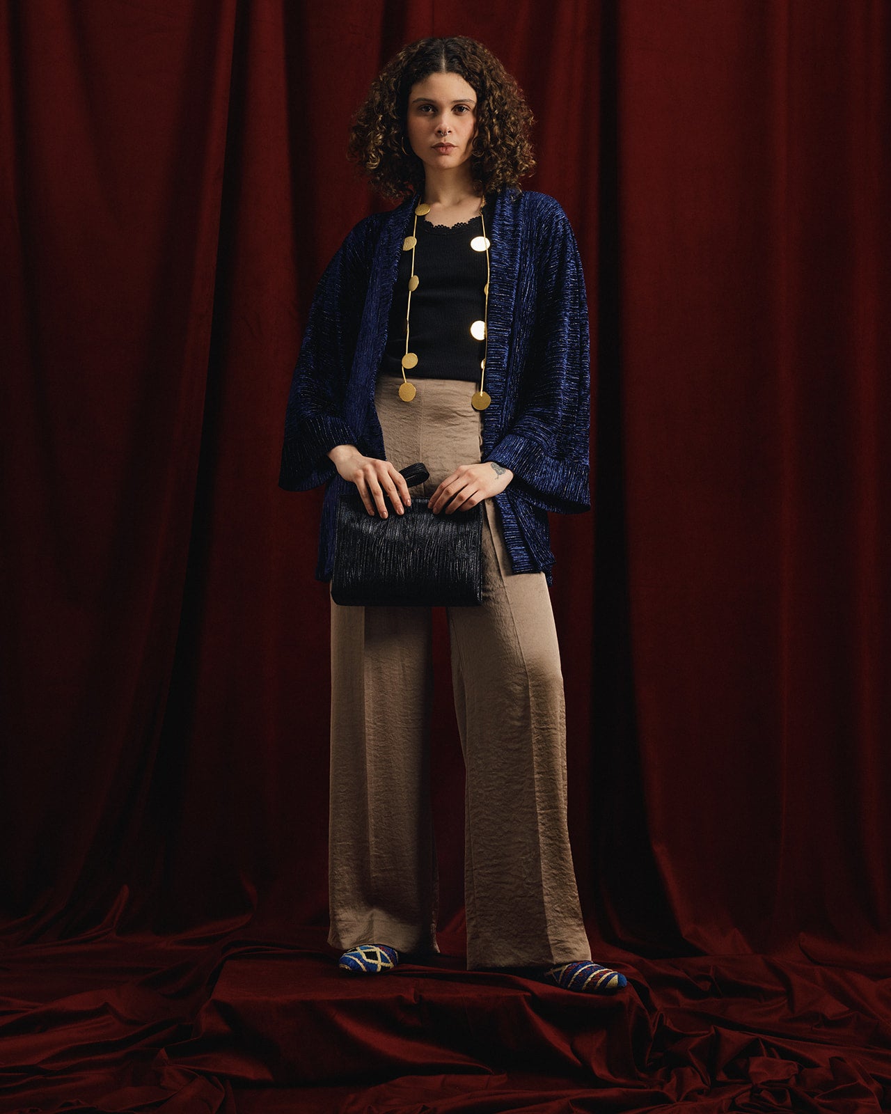 “Moon-Dust” Silver + Navy Plissé Velvet Kimono Jacket