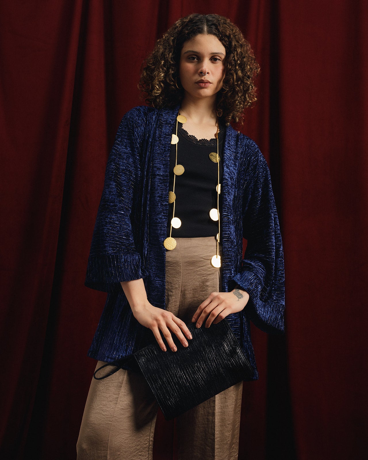 “Moon-Dust” Silver + Navy Plissé Velvet Kimono Jacket