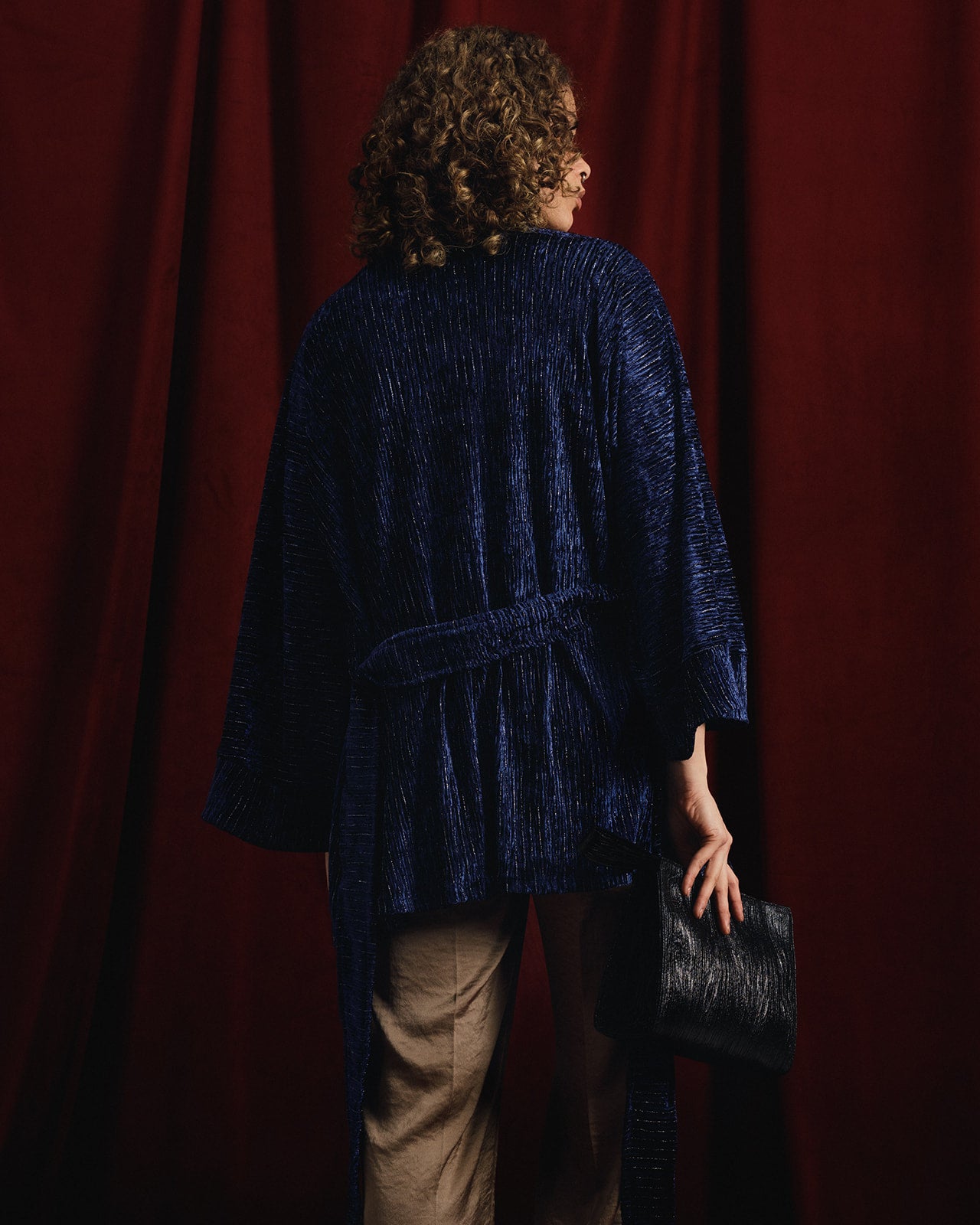 “Moon-Dust” Silver + Navy Plissé Velvet Kimono Jacket