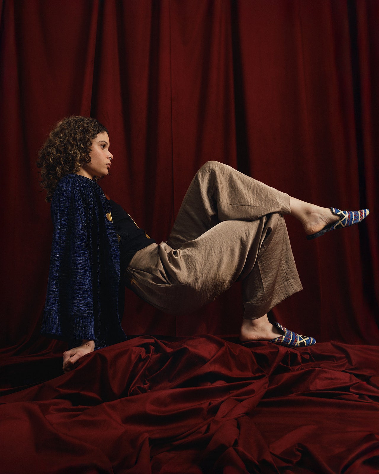 “Moon-Dust” Silver + Navy Plissé Velvet Kimono Jacket