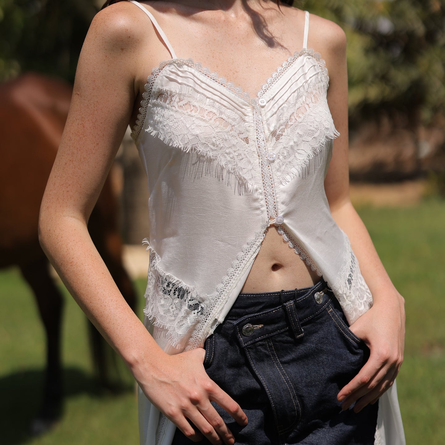 Boho MidMaxi Open Front Cami top (White)