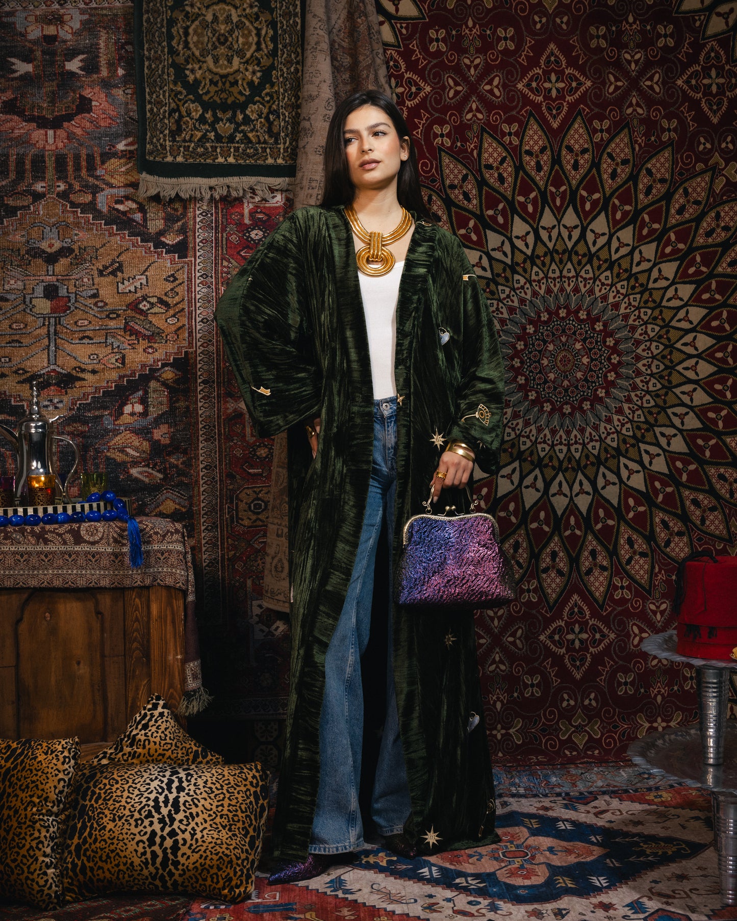 “Heart-Lock & Key” Embroidered Maxi Kaftan in Olive