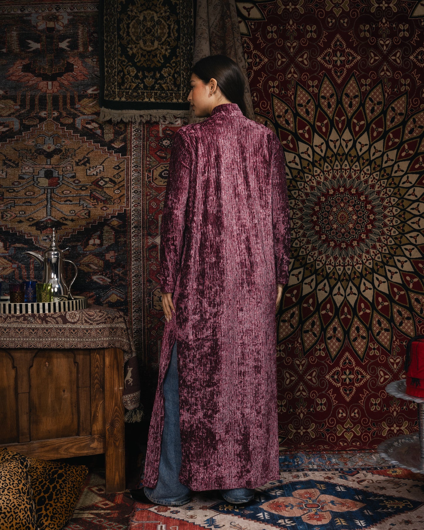 “ Pink Plisse” Velvet Cardigan Style Kaftan