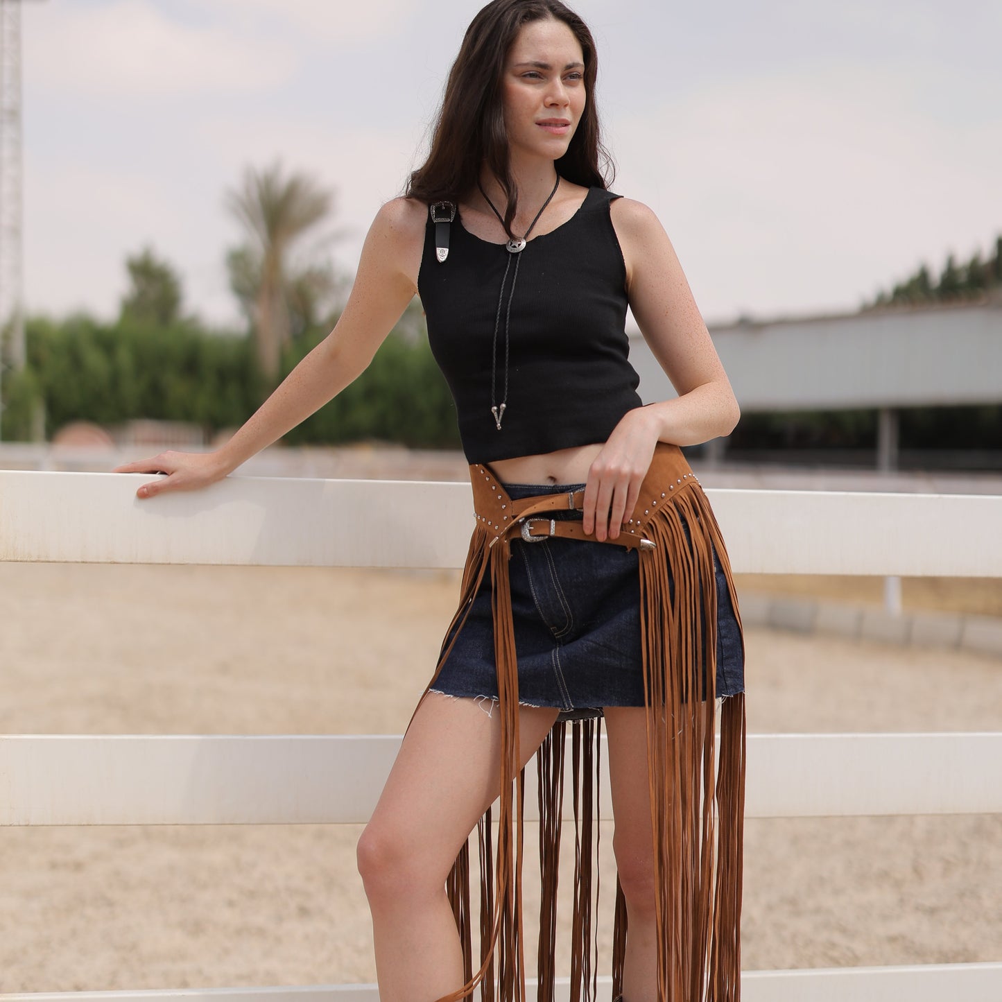 Fringe Studded Belt in Brown