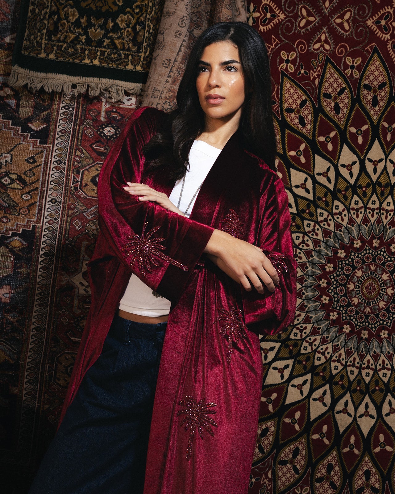 Nadya’s “Crimson Palm” Hand-Embroidered Maxi Kaftan