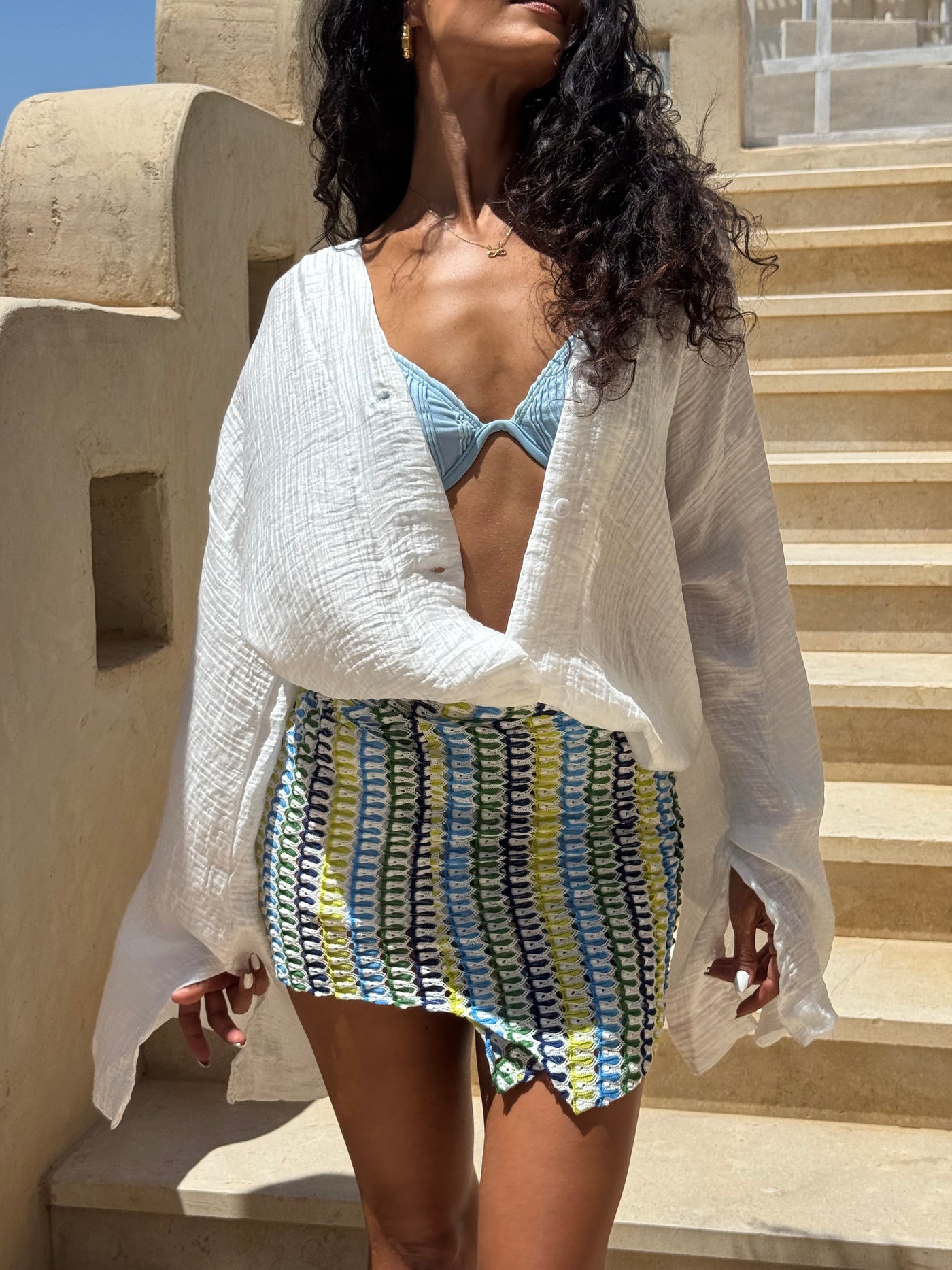 Soraya in White Shirt & Lime-Blue Wrap