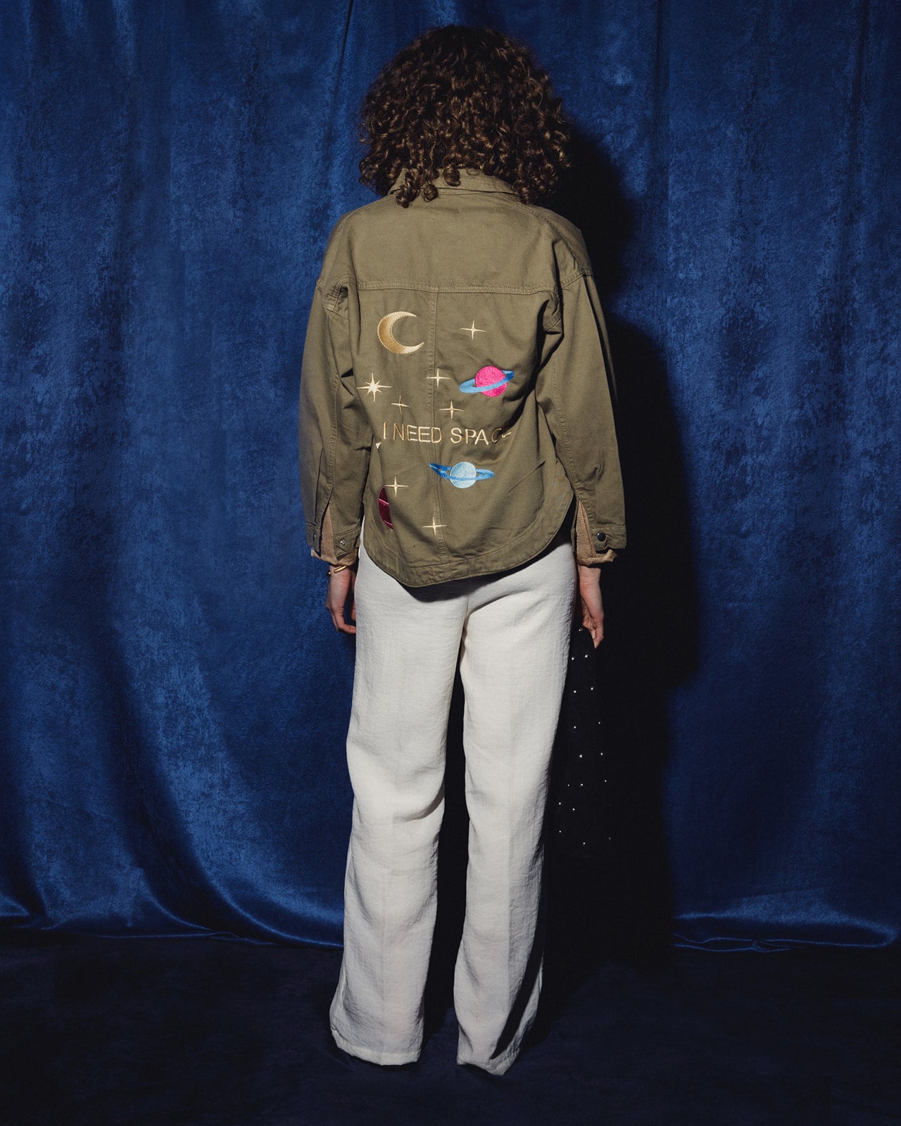 “ I NEED SPACE” embroidered Denim Shacket in Olive (LAST PIECE)