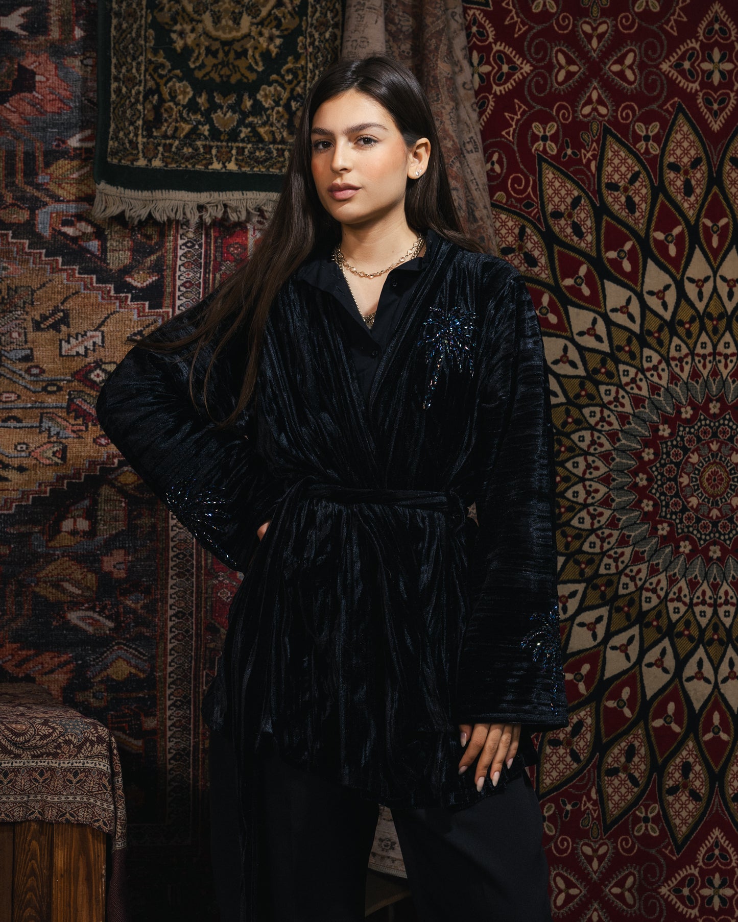 Nadya’s “Midnight Palm” Hand-Embroidered Kimono in Black