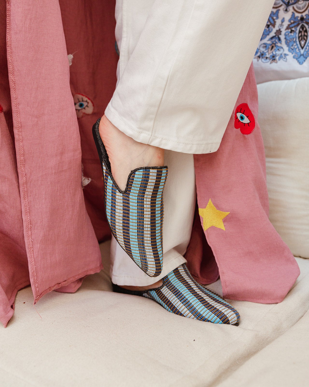 Donna Mules in Blue Raffia Stripes (Final Sale)