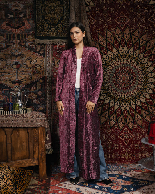 “ Pink Plisse” Velvet Cardigan Style Kaftan