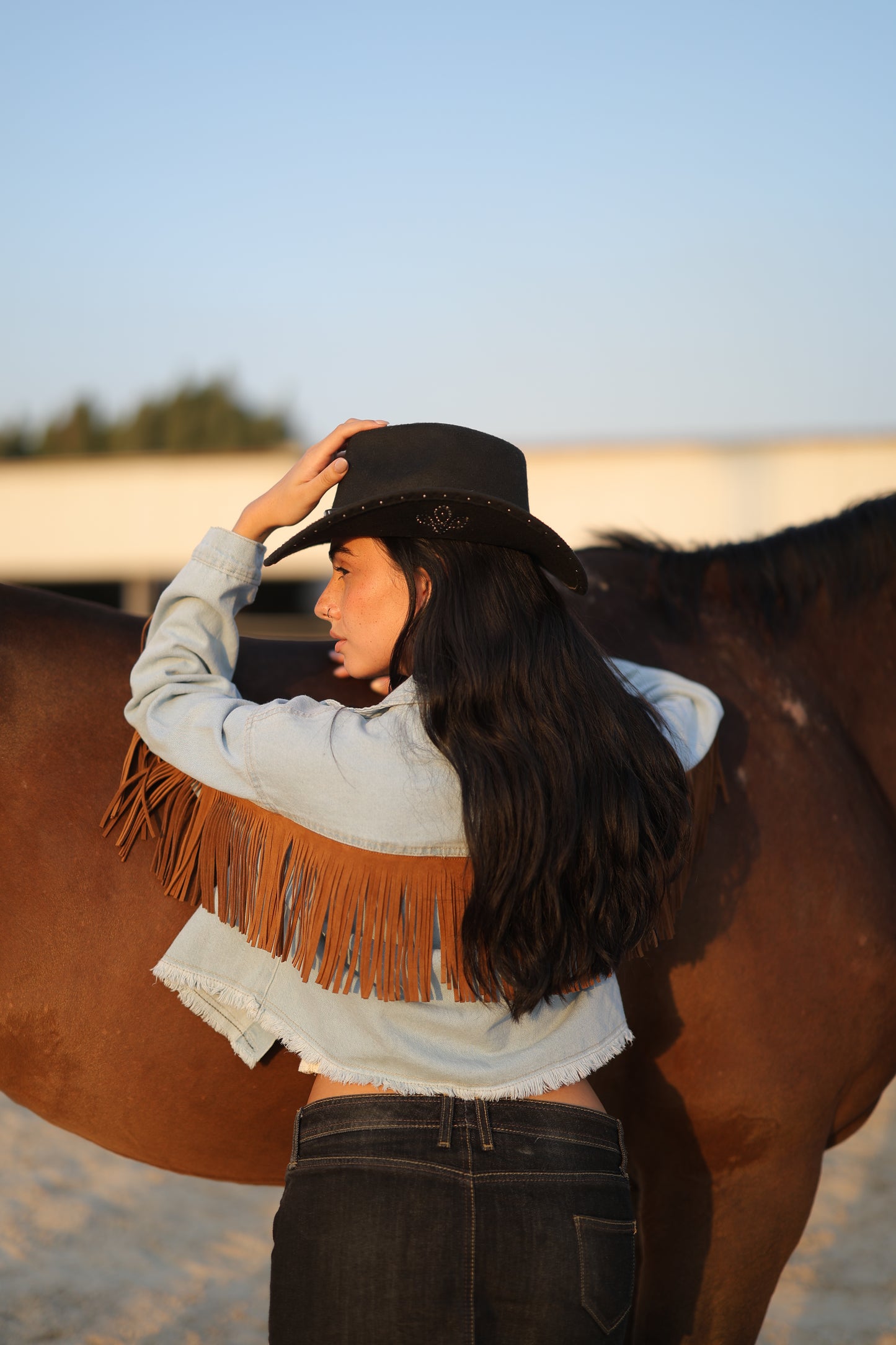 Western Cropped Jacket with Fringe in Light Denim