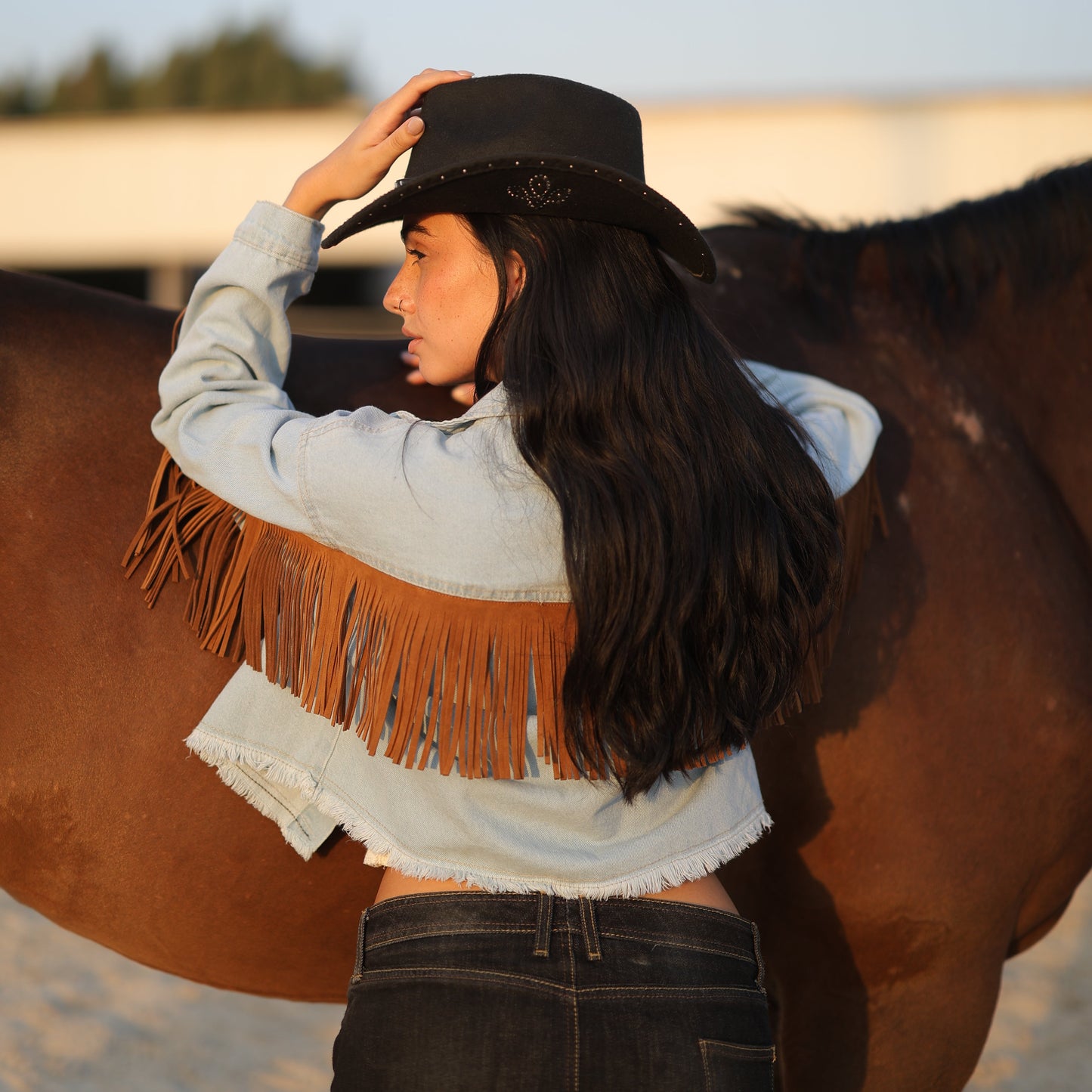 Western Cropped Jacket with Fringe in Light Denim