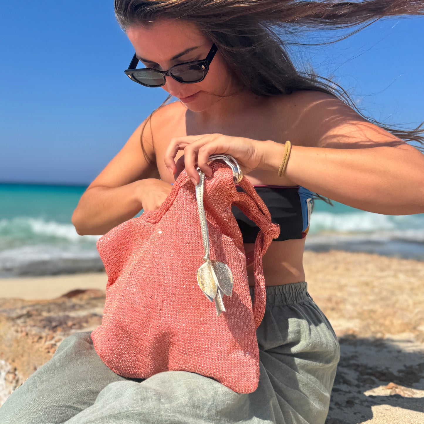 The Ivy tote bag in sequin-embleshed mesh in Peach