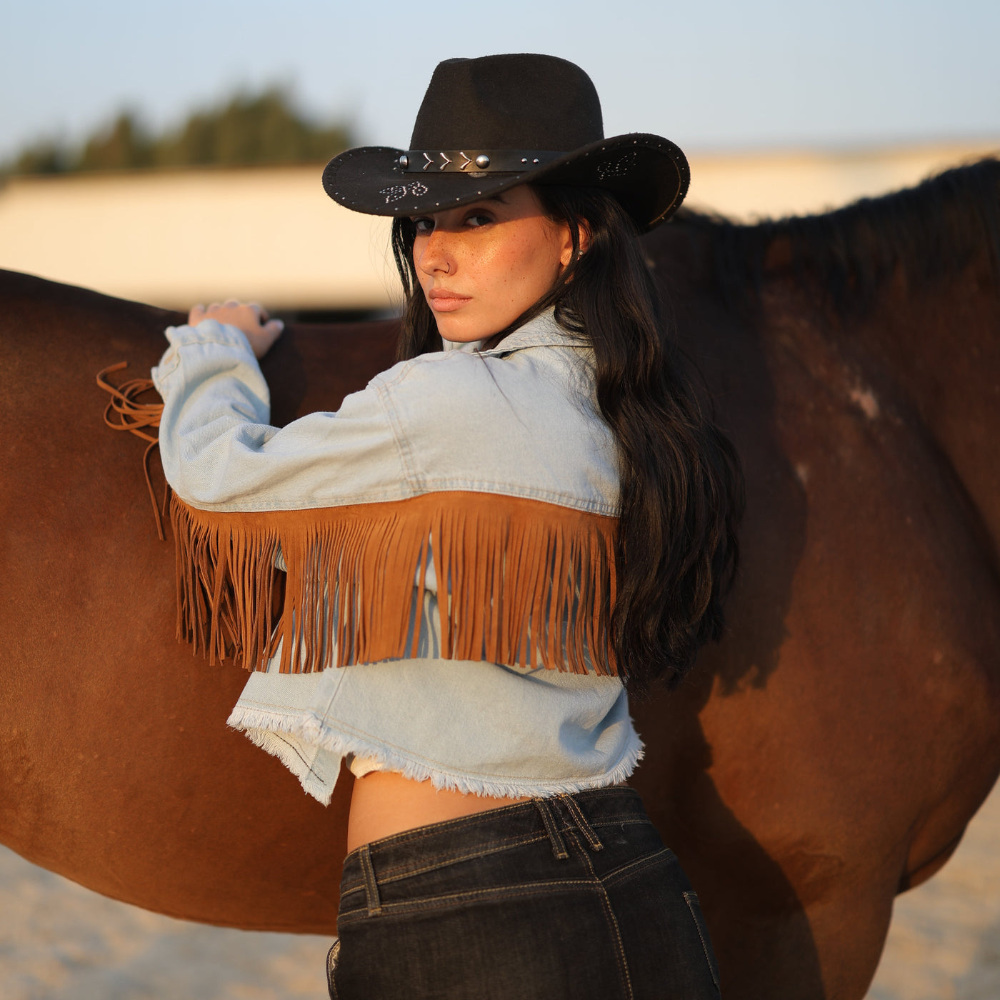 Western Cropped Jacket with Fringe in Light Denim (Final Sale)