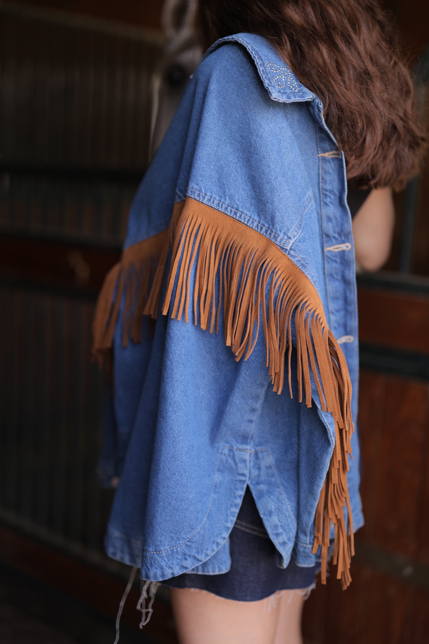 Western Jacket with Fringe in Dark Denim Wash