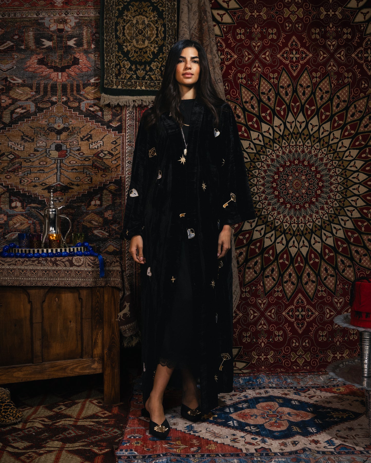 “Heart-Lock & Key” Embroidered Maxi Kaftan in Black