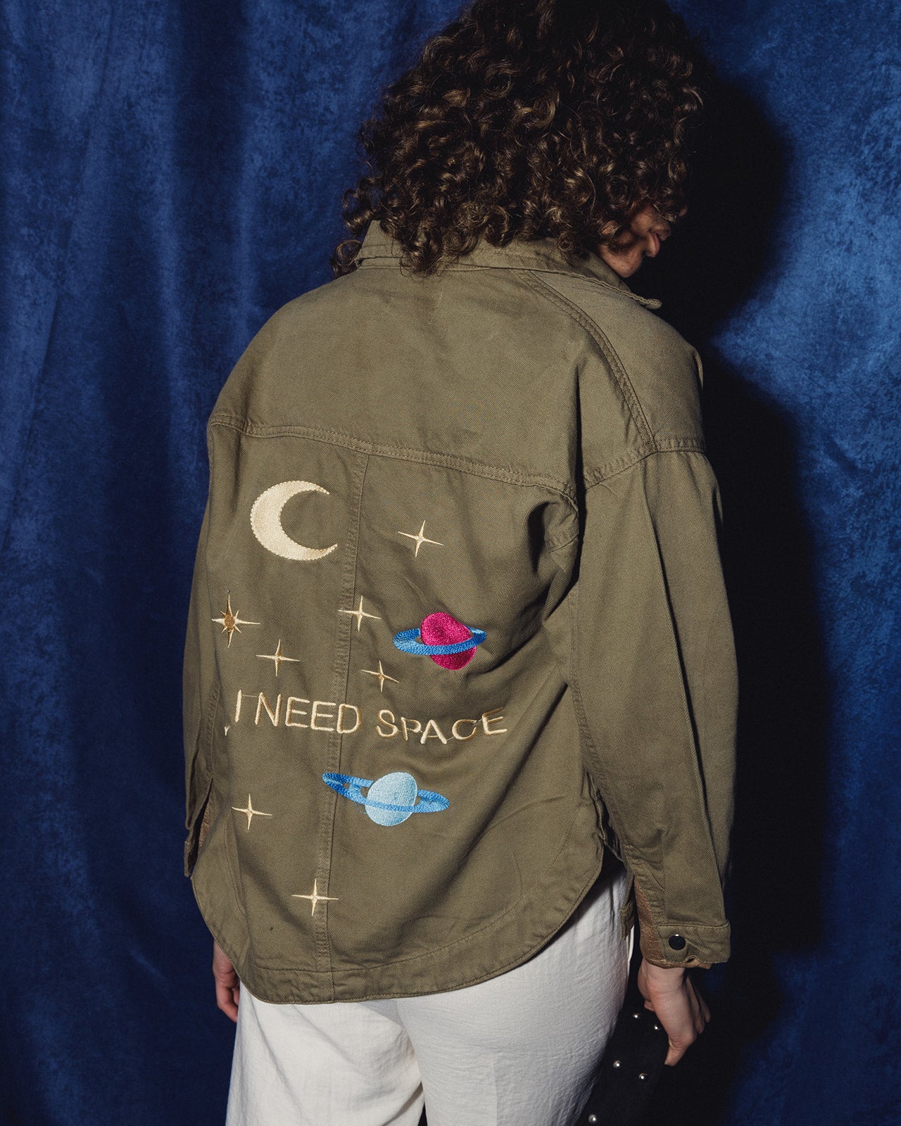 “ I NEED SPACE” embroidered Denim Shacket in Olive (LAST PIECE)