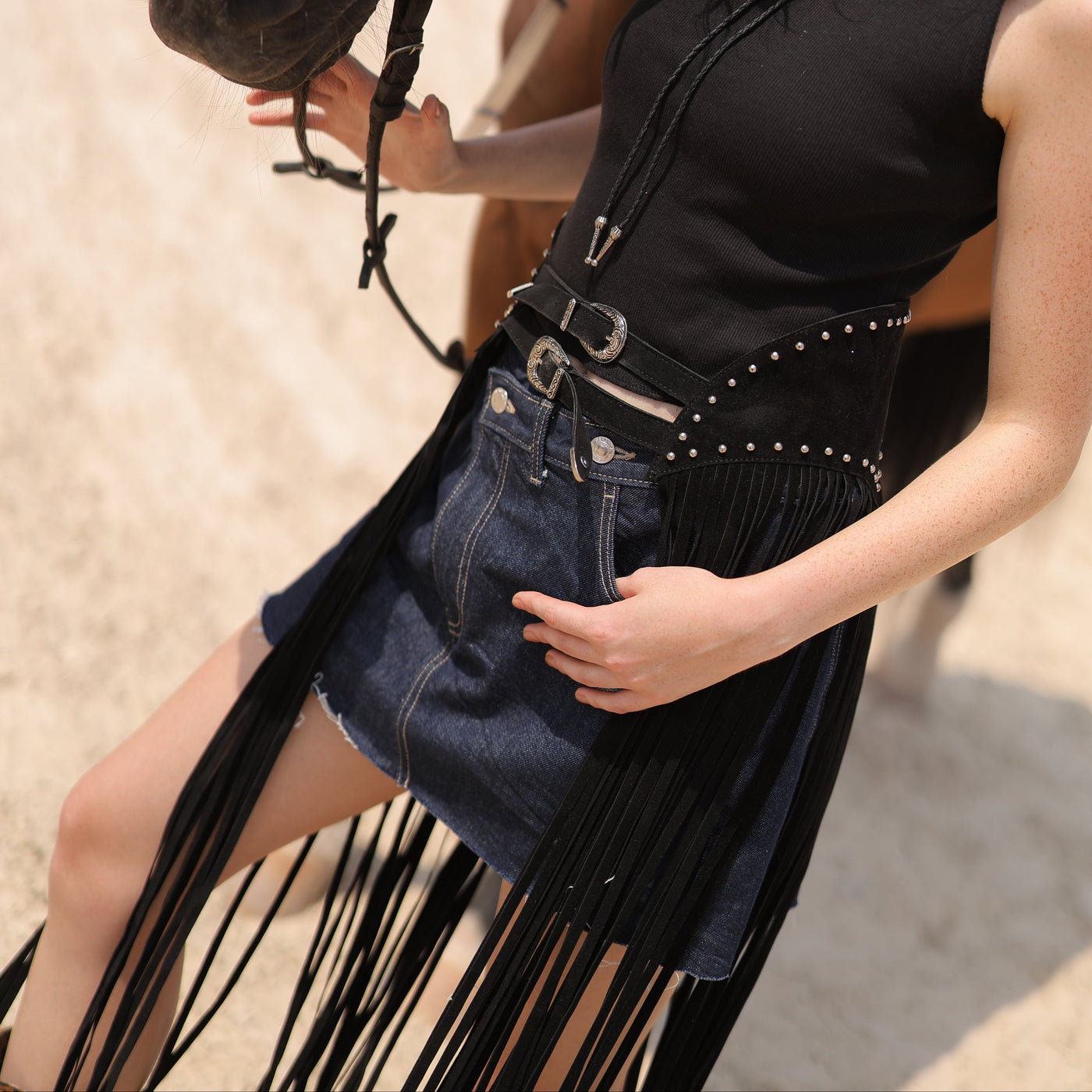 Fringe Studded Belt in Black