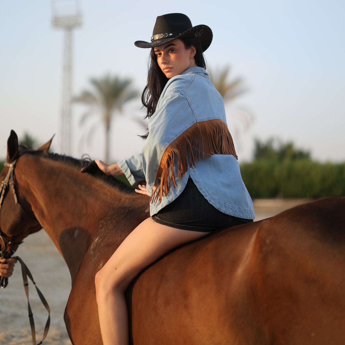 Western Jacket with Fringe in Light Denim Wash