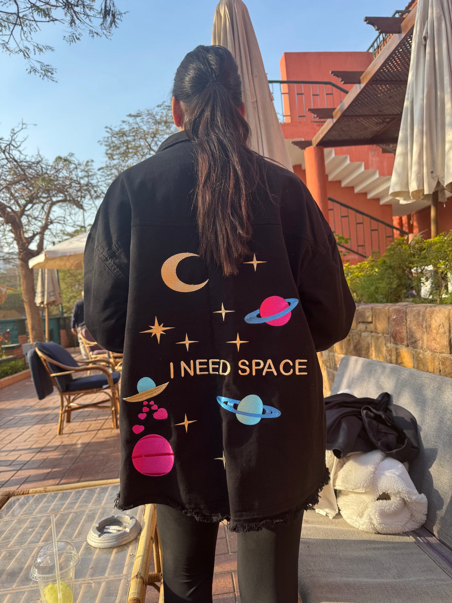 “ I NEED SPACE” embroidered Denim Shacket in Black