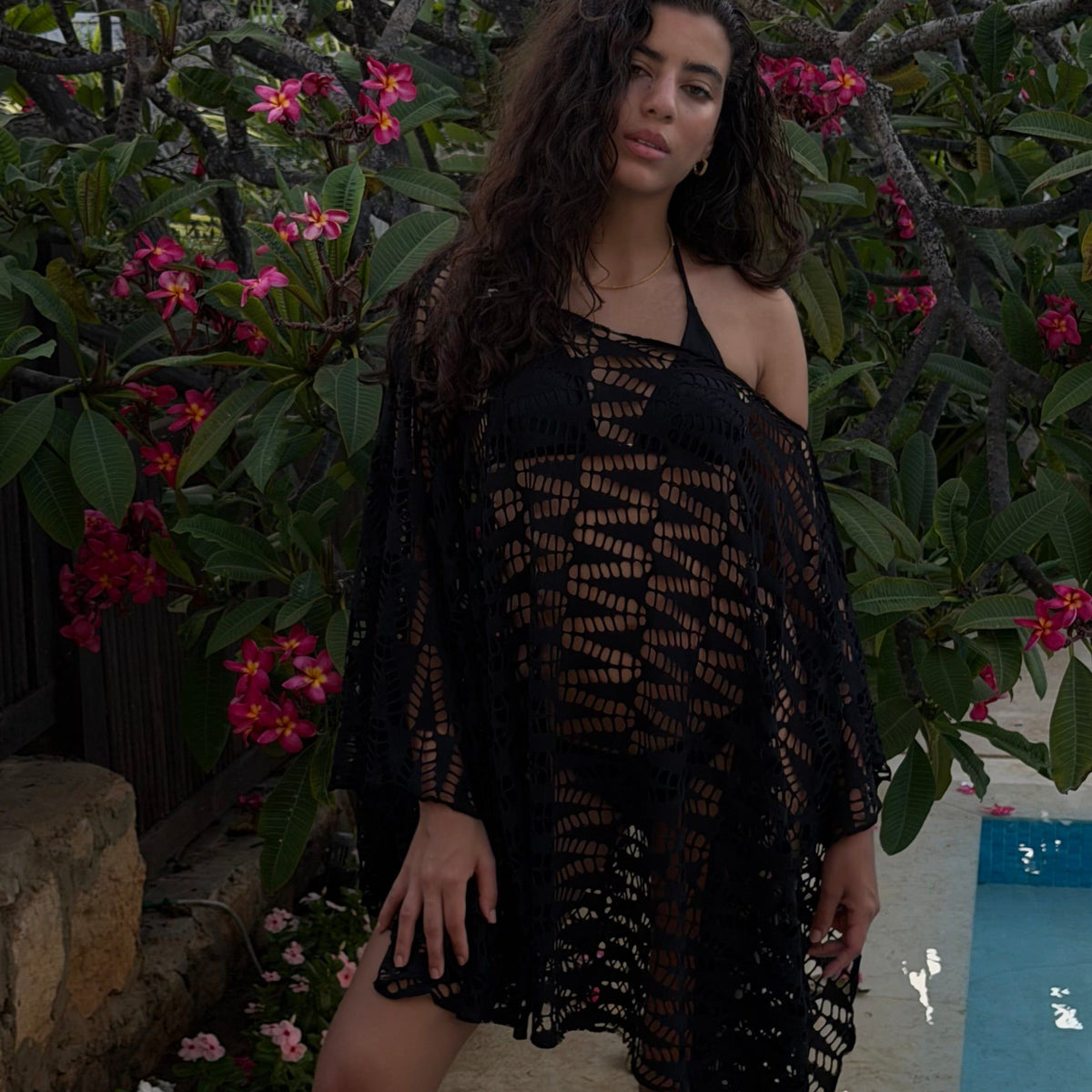 Elena off-shoulder crochet cover-up in black by COCOBELLE