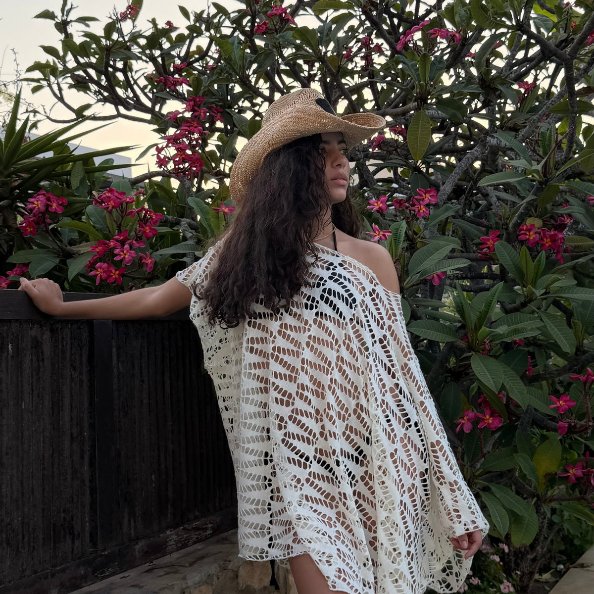 Elena off-shoulder crochet cover-up in off-white by COCOBELLE