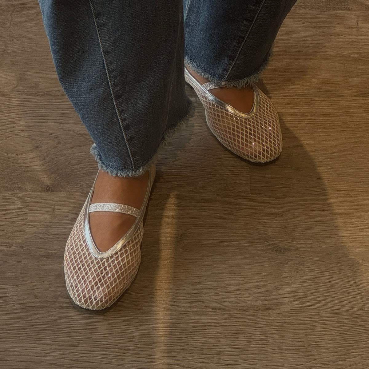 Jackie-O French-mesh ballerina flats in silver by COCOBELLE, view 2