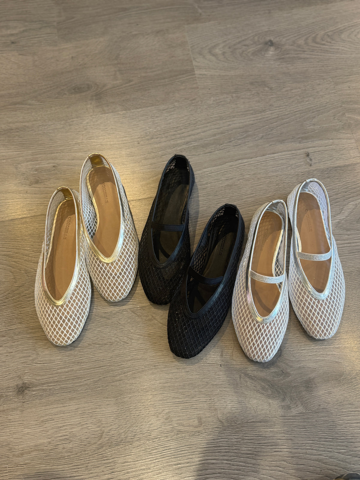 Jackie-O French-mesh ballerina flats in gold and silver by COCOBELLE