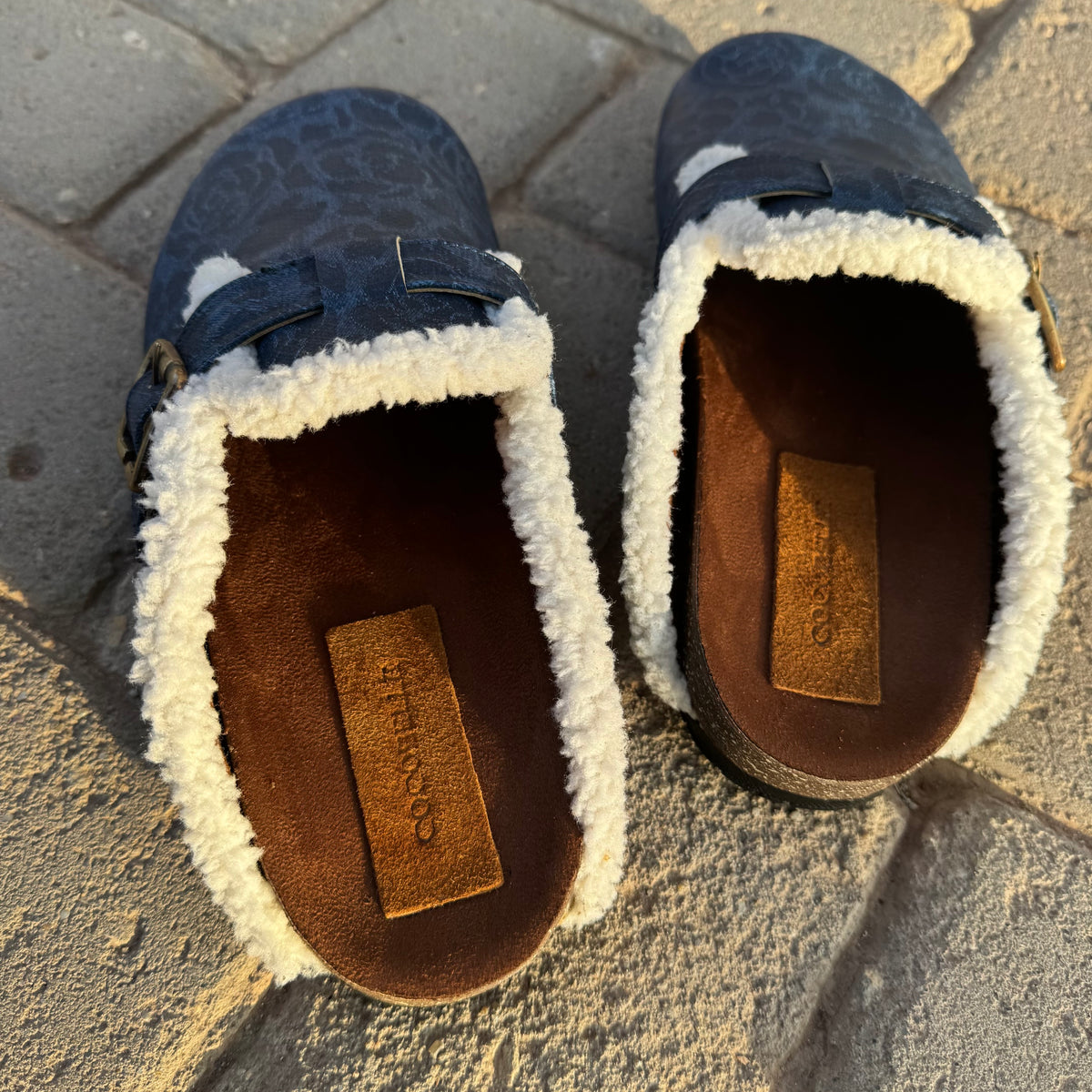 Milah clogs in dark blue rose print with shearling by COCOBELLE, view 2