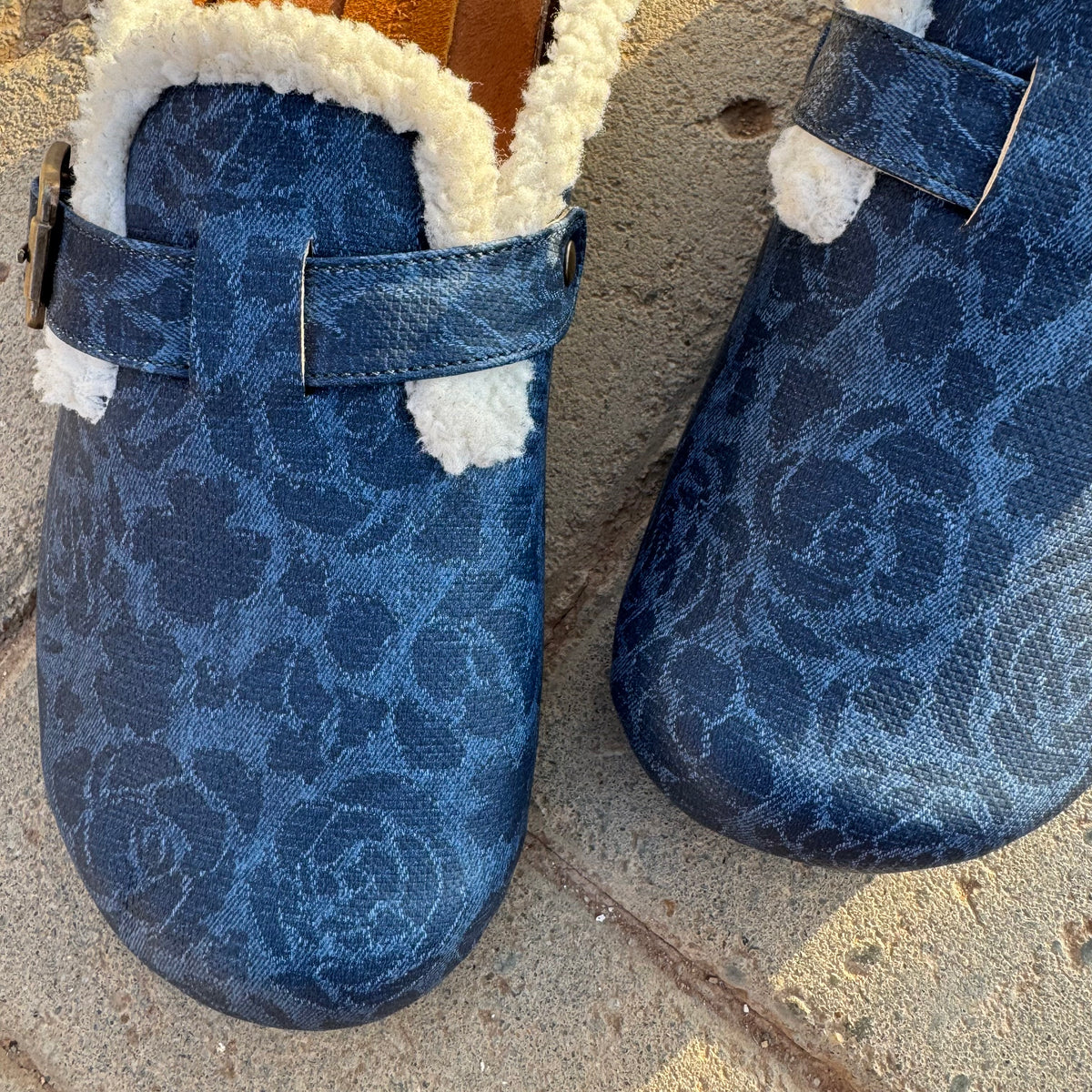 Milah clogs in dark blue rose print with shearling by COCOBELLE, view 3