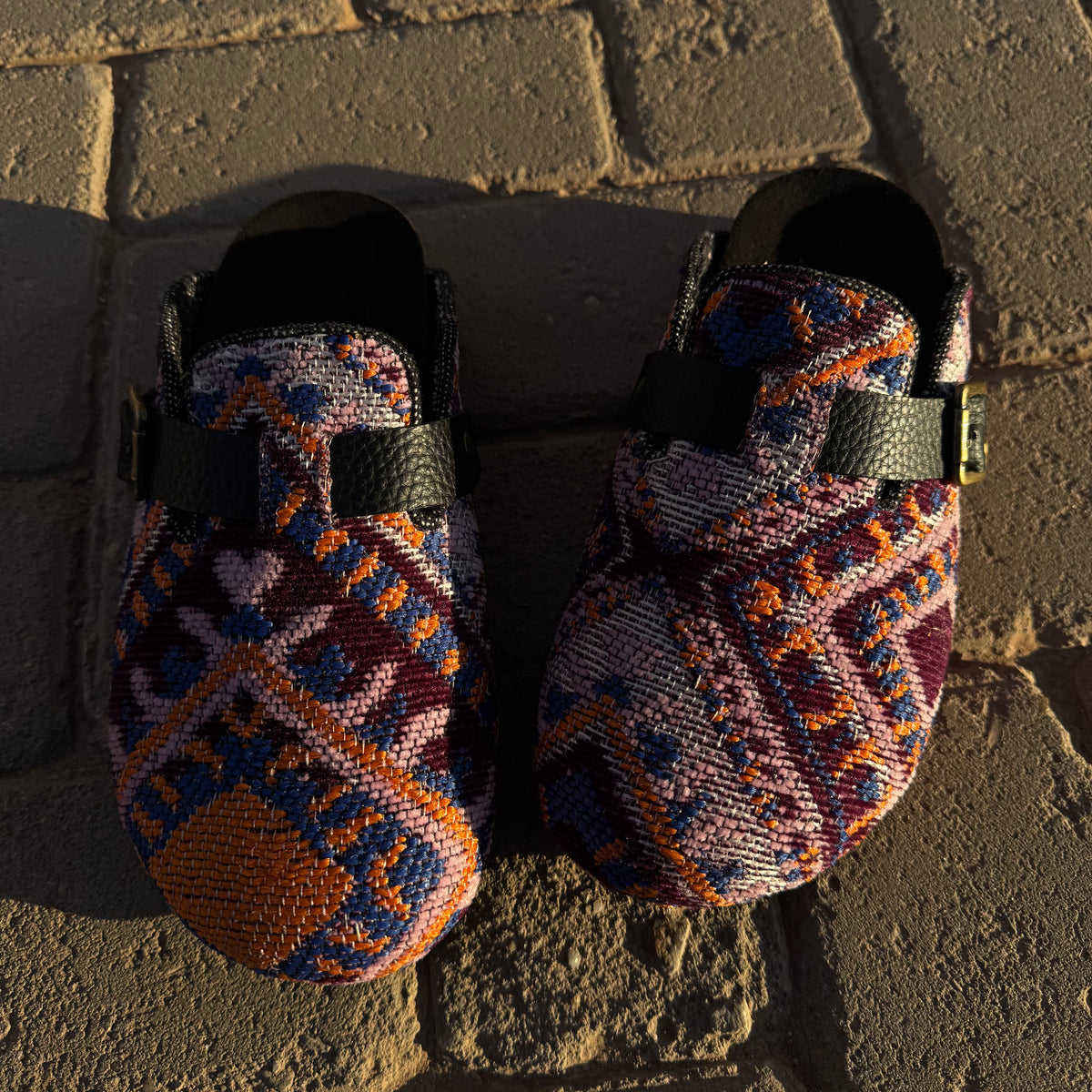 Handmade Milah clogs in purple Egyptian kiliim by COCOBELLE, view 2