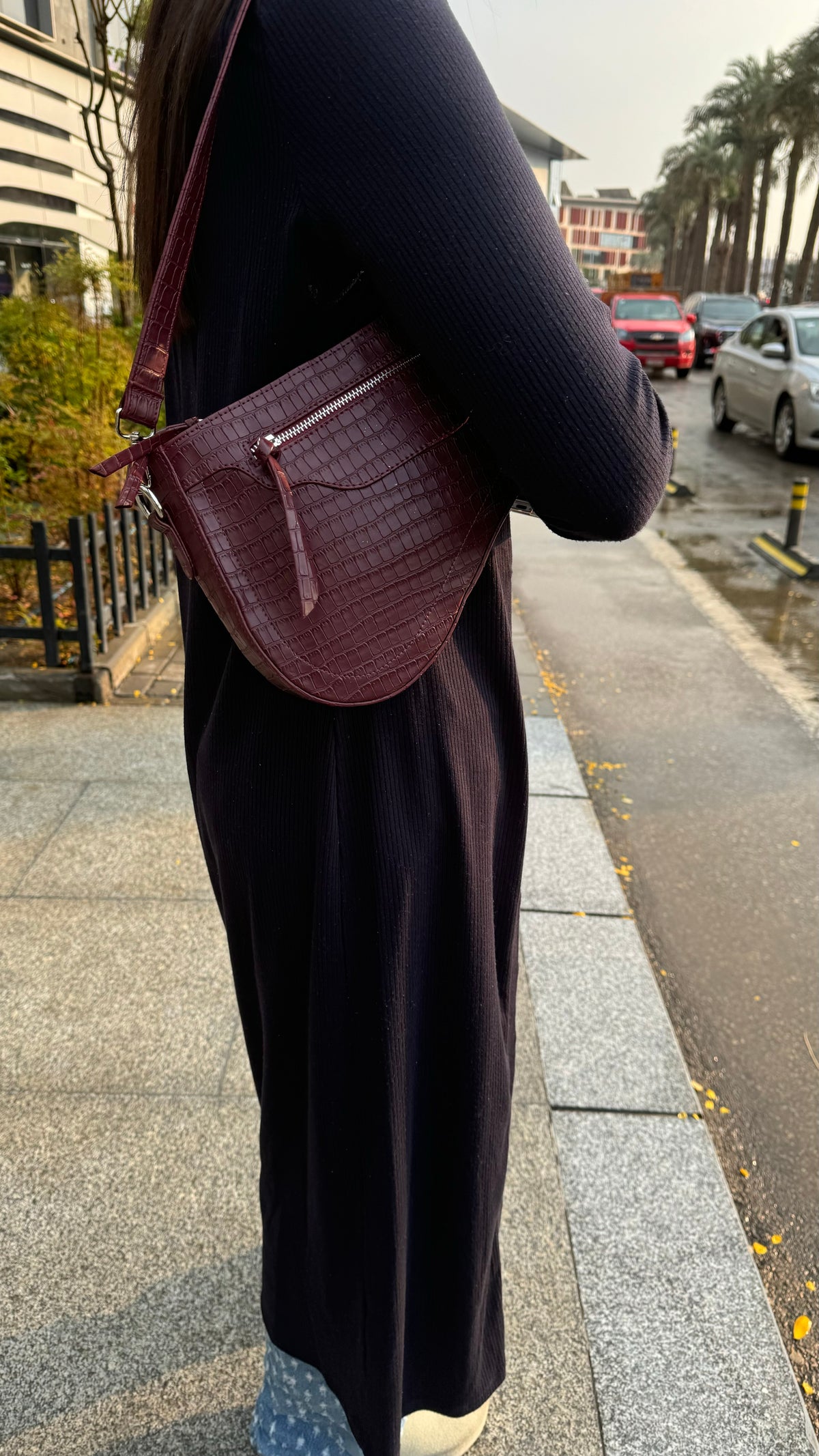 Saddle bag in burgundy croc by COCOBELLE, view 3