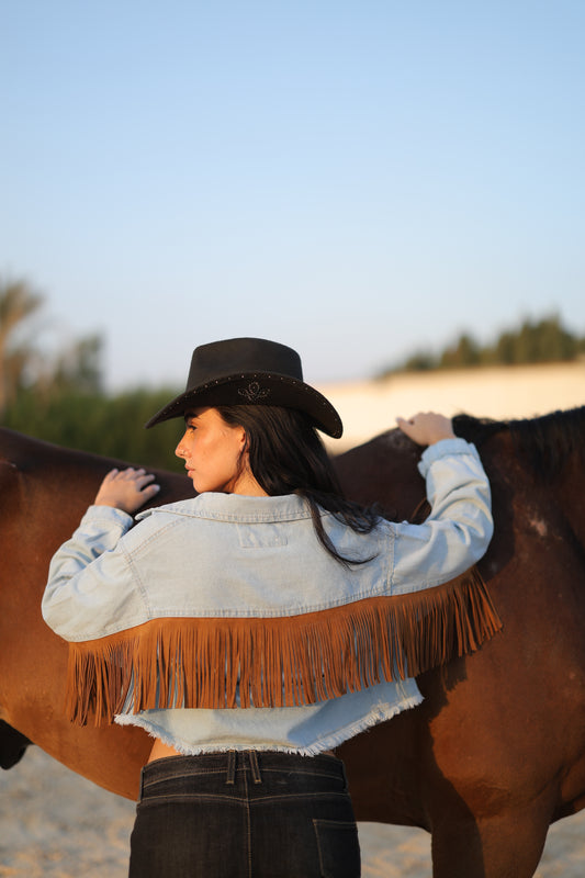 Western Cropped Jacket with Fringe in Light Denim