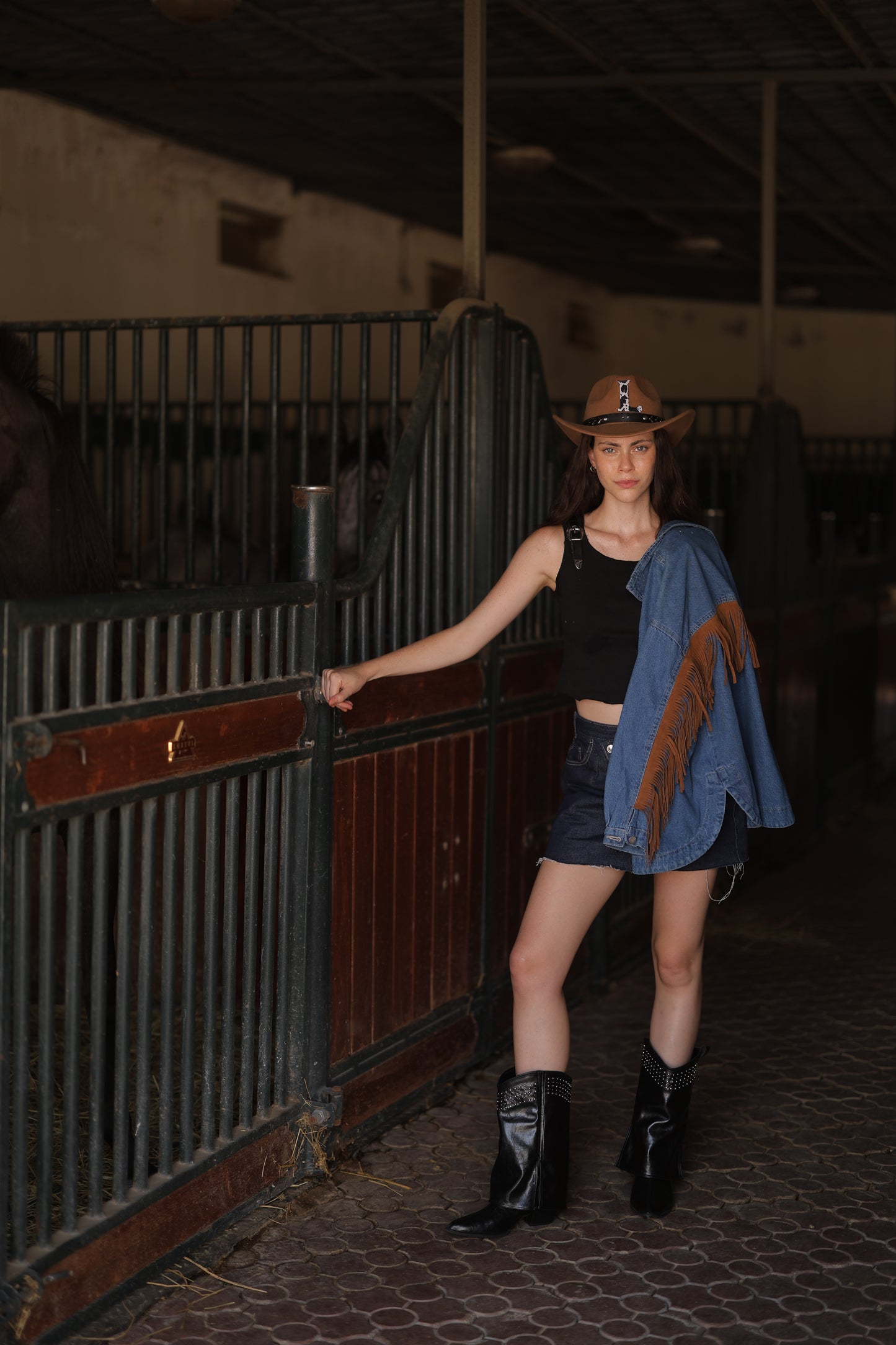 Western Jacket with Fringe in Dark Denim Wash