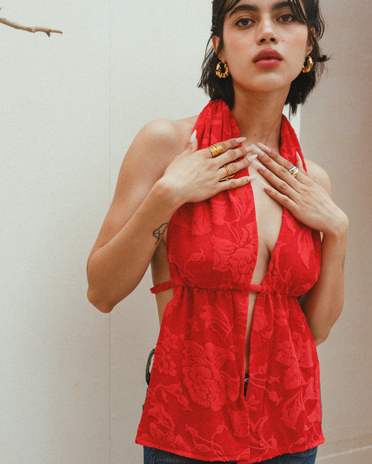 Tina Floral Top in Ruby Red