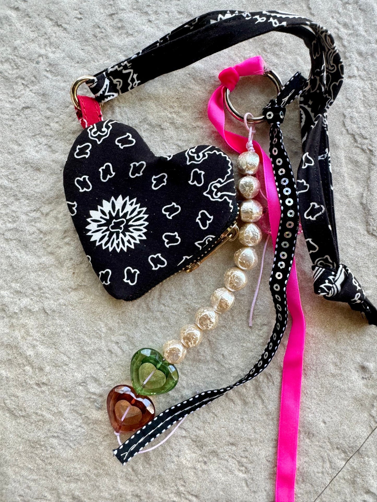 Black Bandana Heart & Pearl- Bag Charms (set of 2)