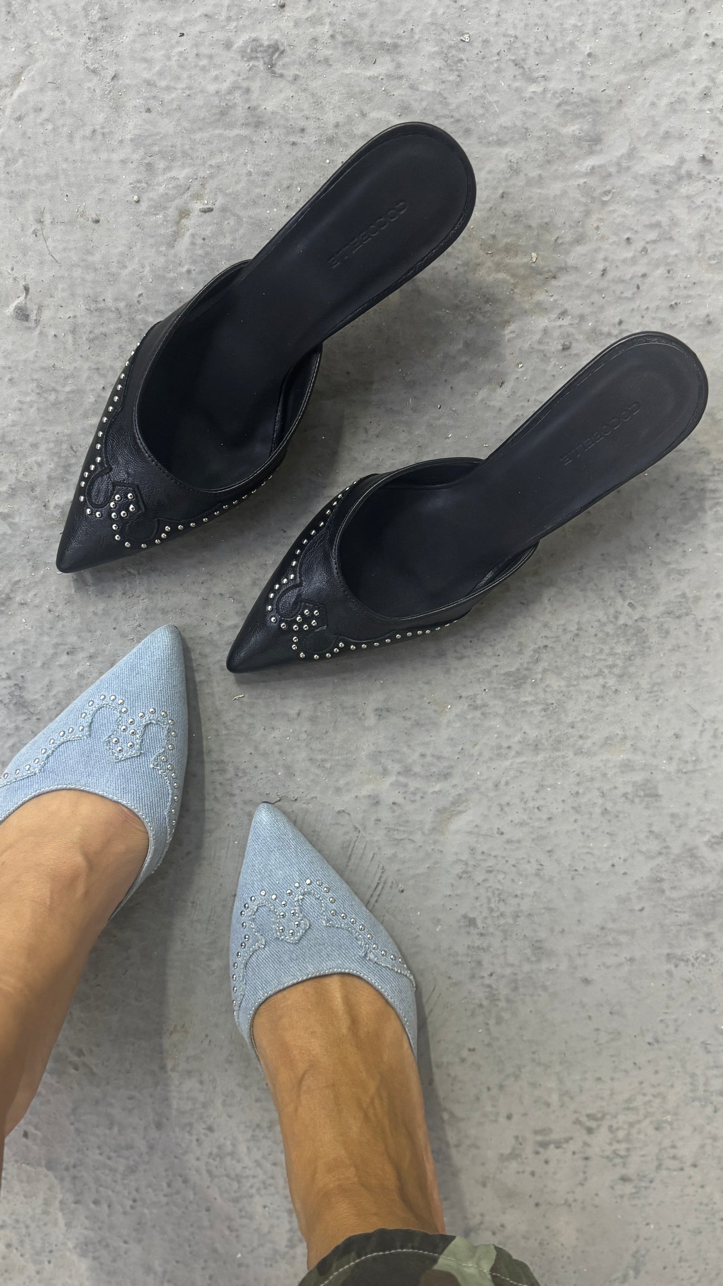 Darlin’ Pointed Heel Mules in Denim