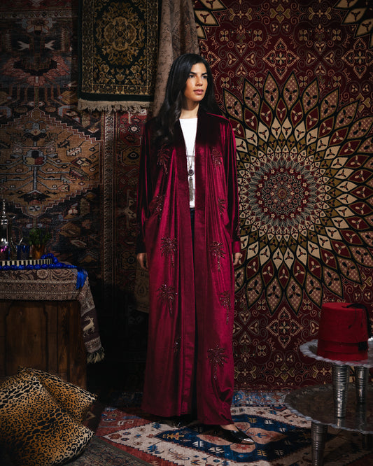 Nadya’s “Crimson Palm” Hand-Embroidered Maxi Kaftan