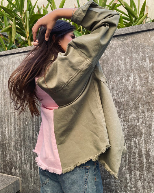 Re/Done Denim Shacket in Rose/Olive