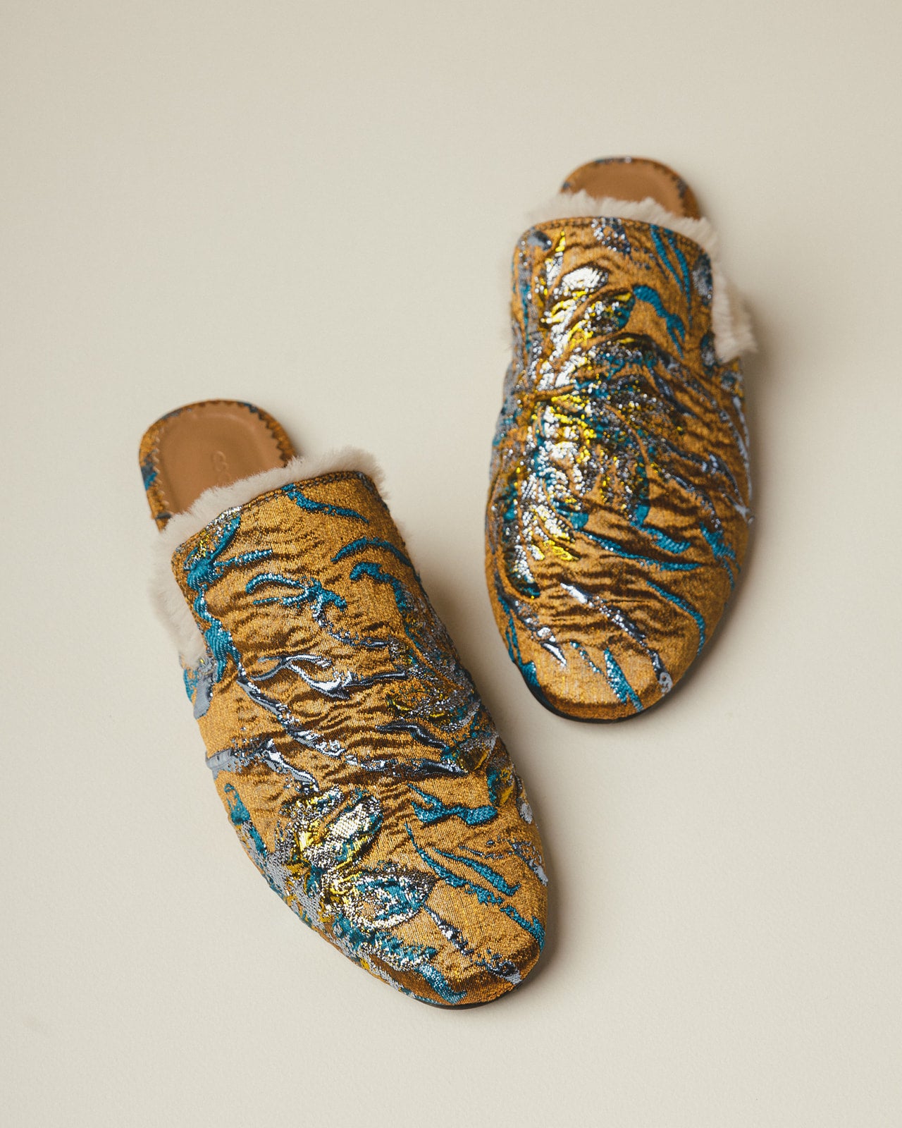 “ Electric Sunsets” Brocade Fur-Lined Flat Mules