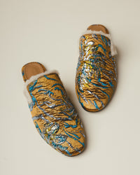 “ Electric Sunsets” Brocade Fur-Lined Flat Mules