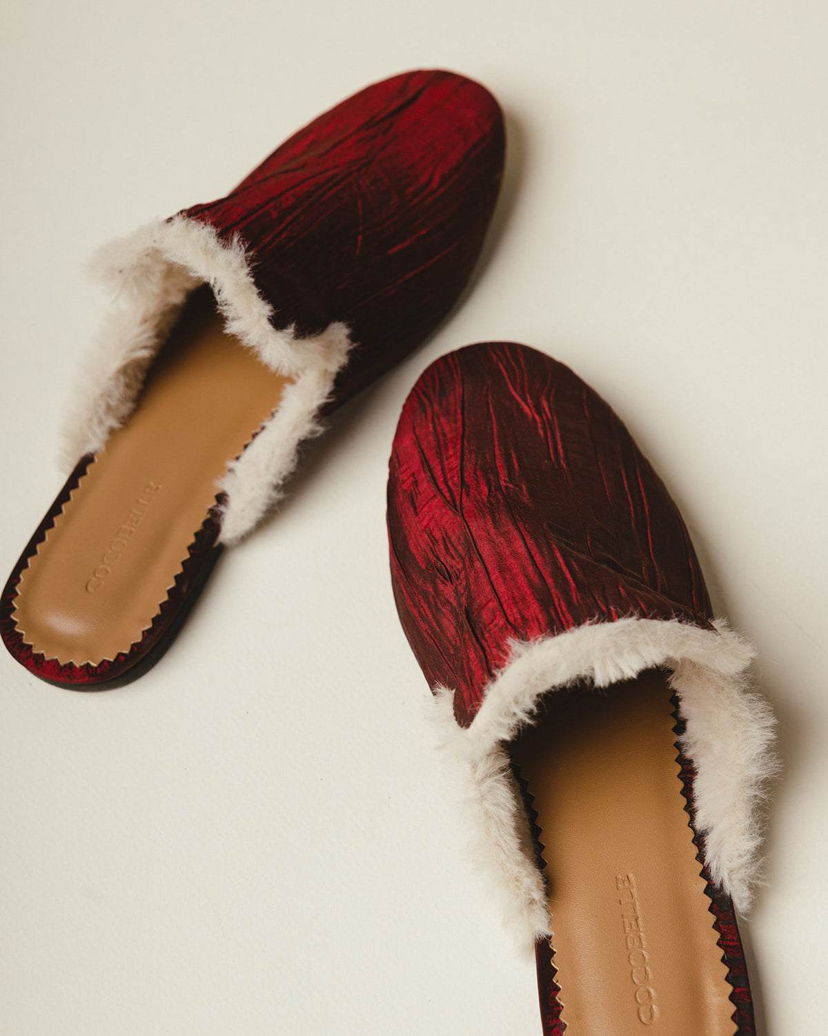 “Crimson” fur-lined Mules in French-Plisse Satin