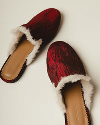 “Crimson” fur-lined Mules in French-Plisse Satin